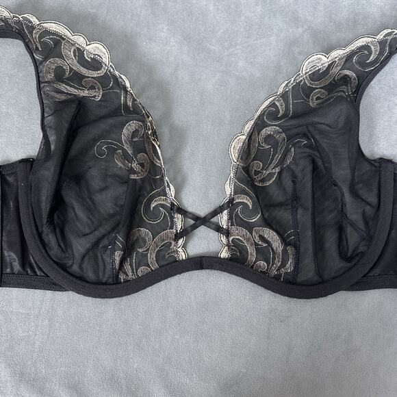 Cacique Plunge Bra Size 40C Black Sheer Mesh U Underwire Animal Print Sexy - Picture 7 of 10